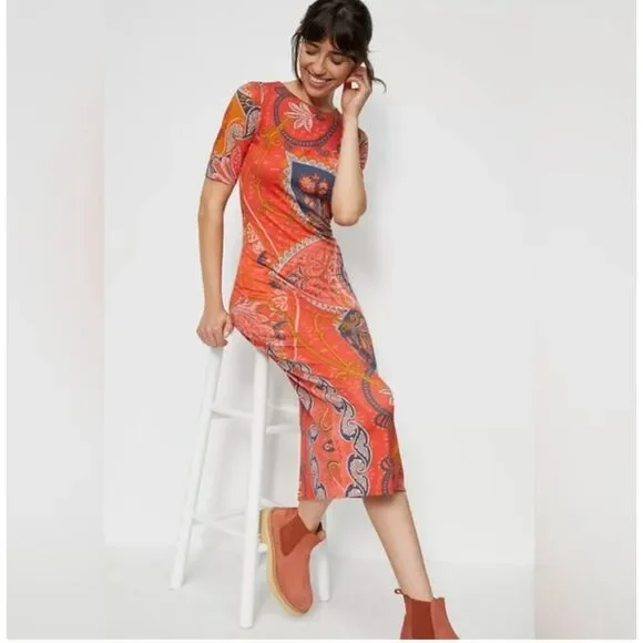 Farm Rio Red Orange Giannina Knit Paisley Midi Dress - Size XS - Picture 2 of 12